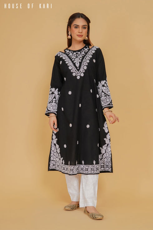 ADA in Cotton Chikankari Long Kurta Black
